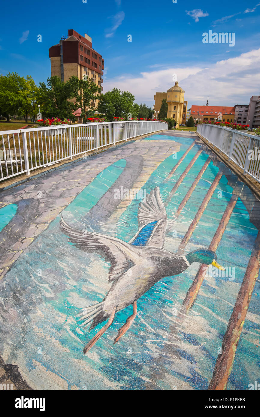 VUKOVAR, CROATIA - MAY 14, 2018 : A view of the 3D mural painted on the bridge over river Vuka in Vukovar, Slavonia, Croatia. Stock Photo