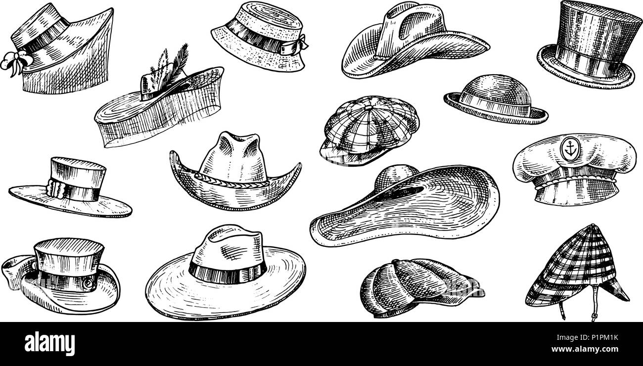 Summer Hats vintage collection for elegant men,woman, female and ladies. Fedora Derby Deerstalker Homburg Bowler Straw Beret Captain Cowboy Porkpie Boater. Retro fashion set. English style. Hand drawn Stock Vector