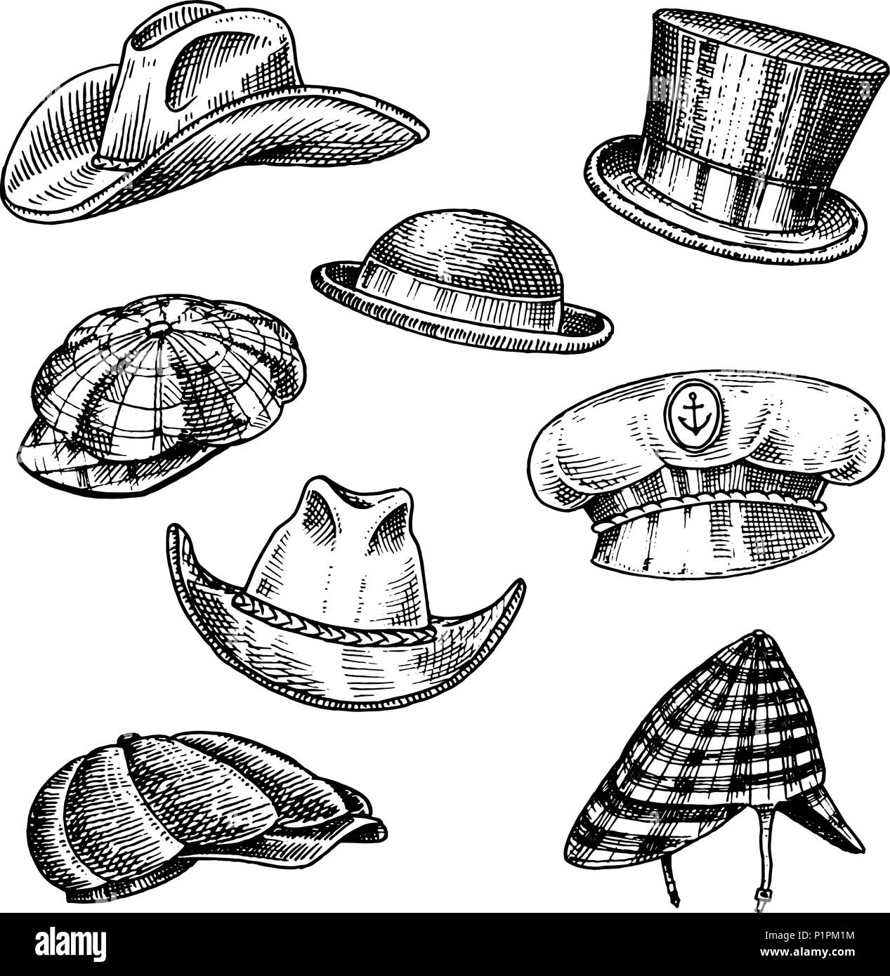Summer Hats vintage collection for elegant men. Fedora Derby Deerstalker Homburg Bowler Straw Beret Captain Cowboy Porkpie Boater Peaked cap. Retro fashion set. English style. Hand drawn sketch. Stock Vector