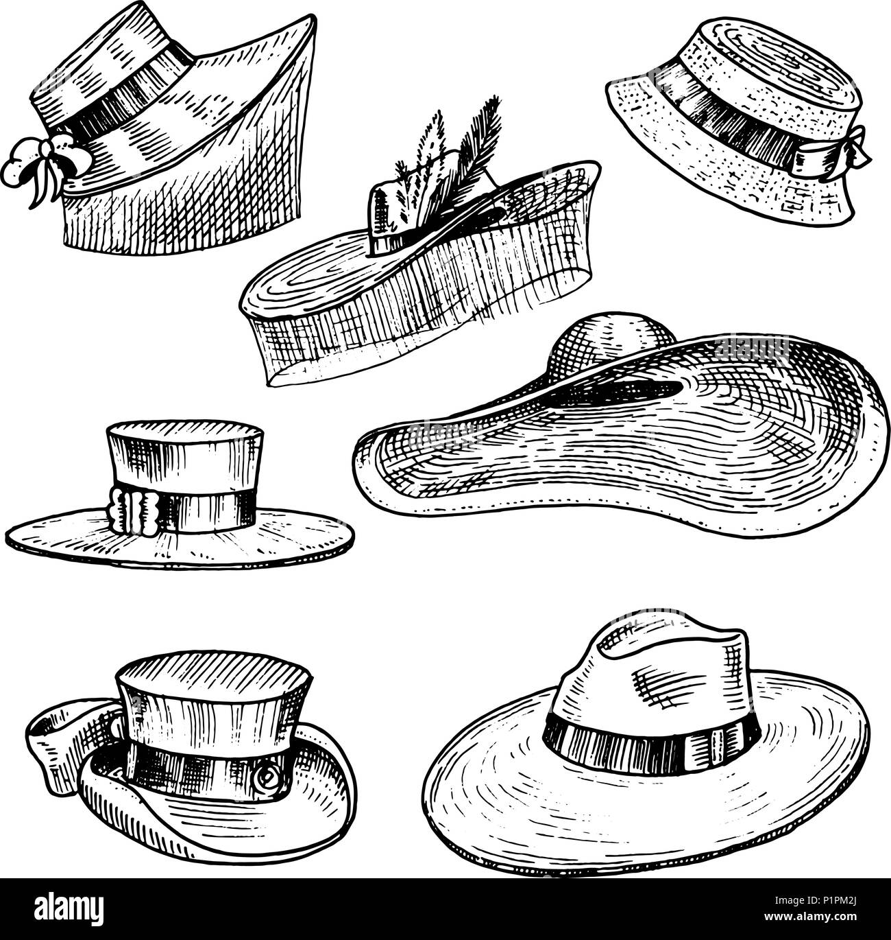 Summer Hats collection for elegant woman, female and ladies. Retro fashion vintage set. Breton Panama, Broad-brim, Slouch Cloche, Poke bonnet. Hand drawn engraved vintage sketch. Stock Vector