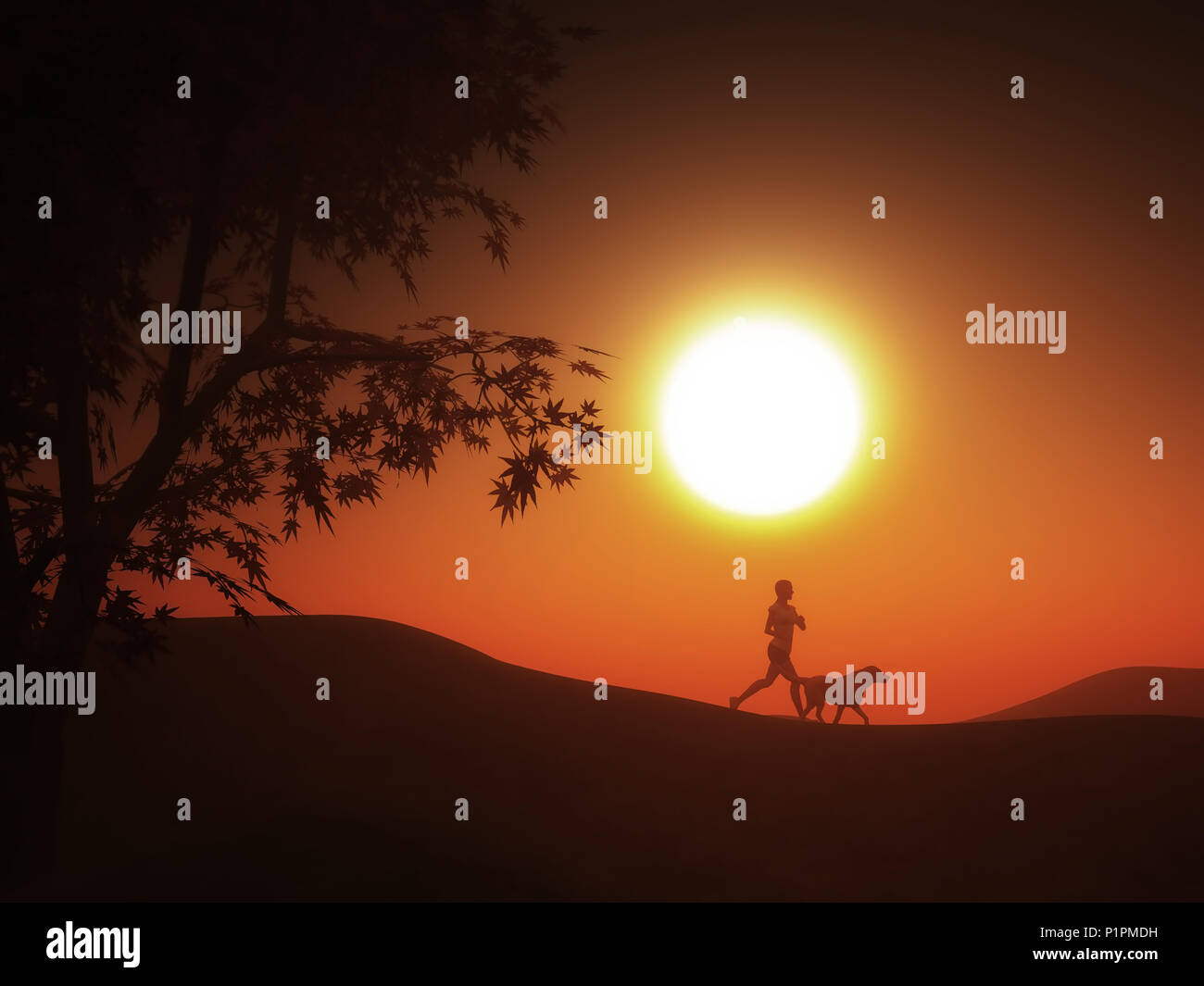 3D render of a female jogging with her dog at sunset Stock Photo