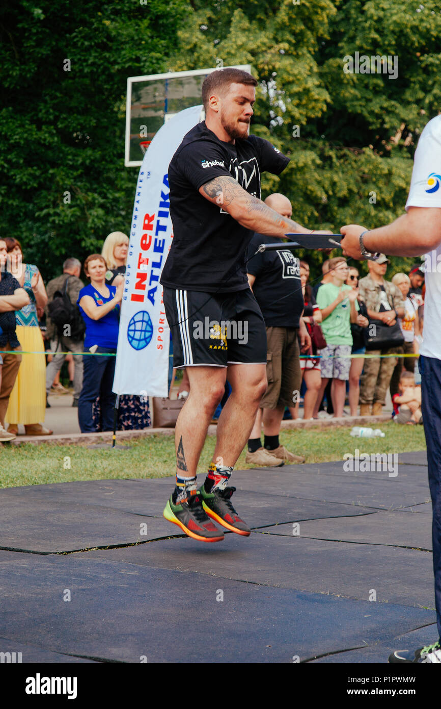under the brand name "games for heroes" - the stage of the sports crossfit of all Ukrainian competitions for veterans of the war in Kharkov on June 9, Stock Photo