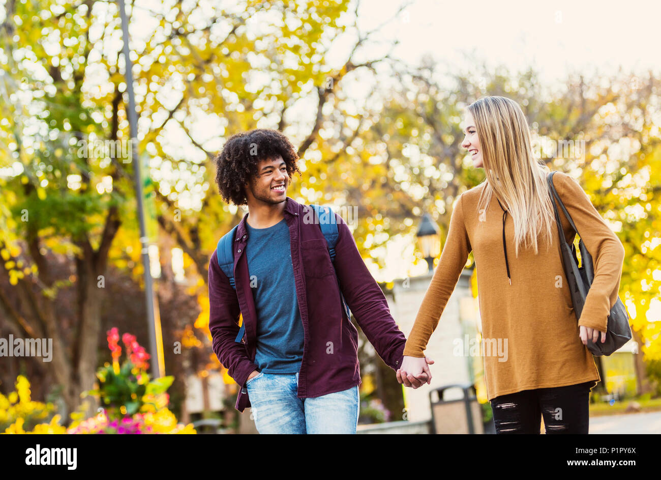 Boyfriend and girlfriend walking, talking and holding hands on the university campus at sunset; Edmonton, Alberta, Canada Stock Photo