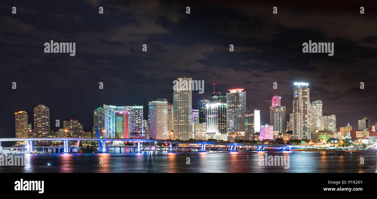 Miami, Florida city night skyline across Biscayne Bay Stock Photo