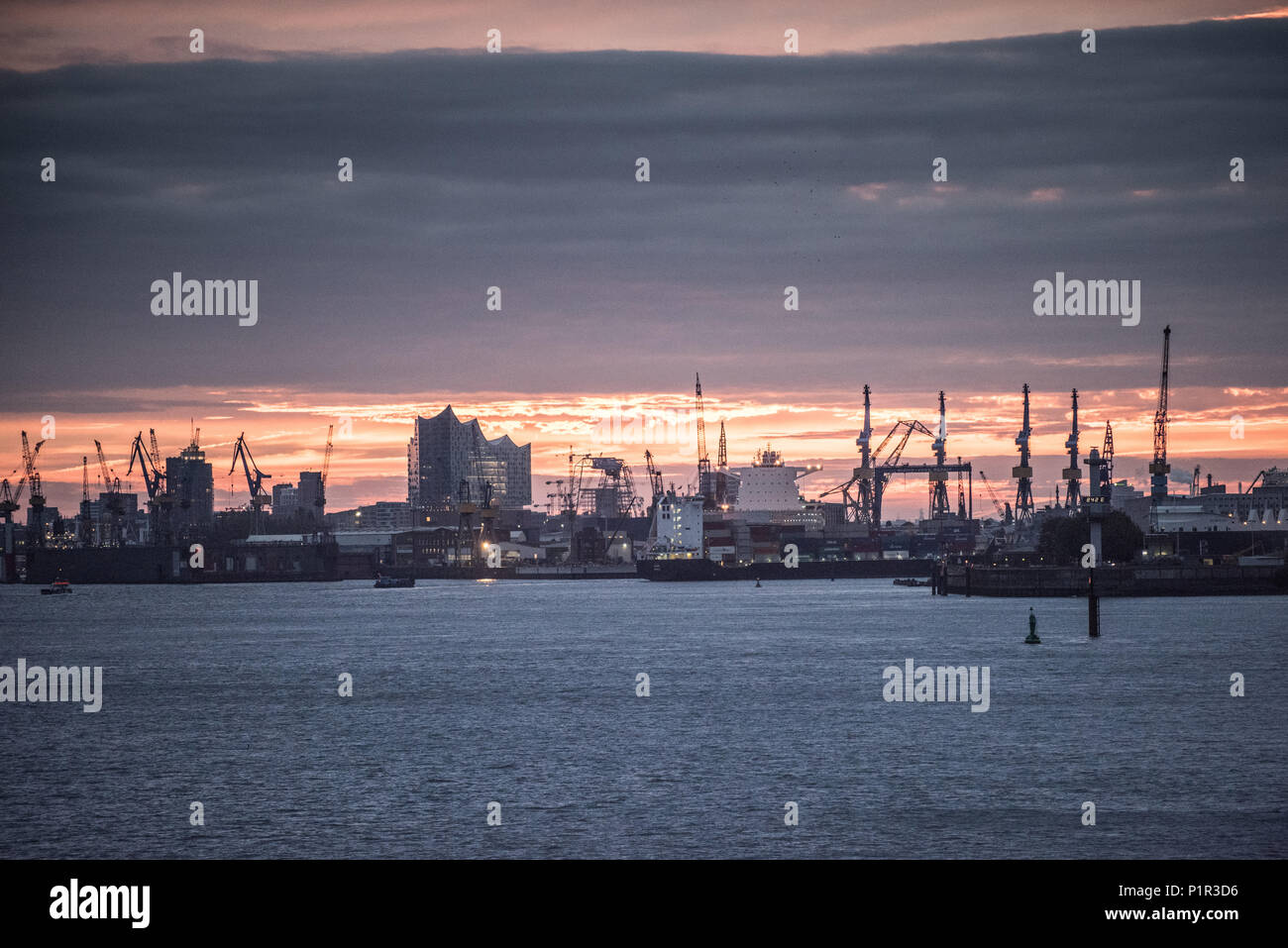 Hamburg, Germany, skyline from Hamburg harbor with Elbphilharmonie Stock Photo