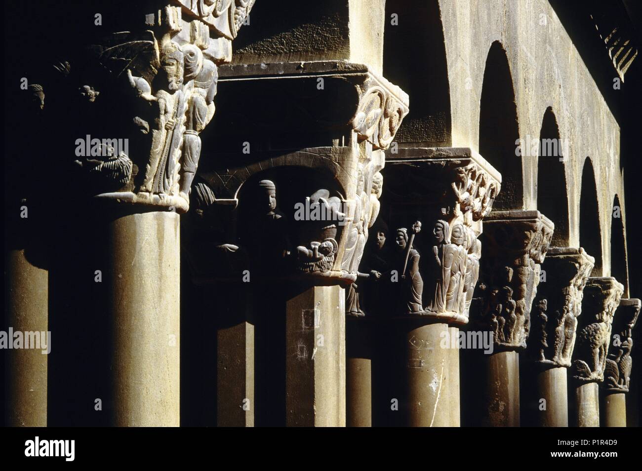 Huesca,  San Pedro el Viejo romanesque cloister / chapitels (art / architecture). Stock Photo