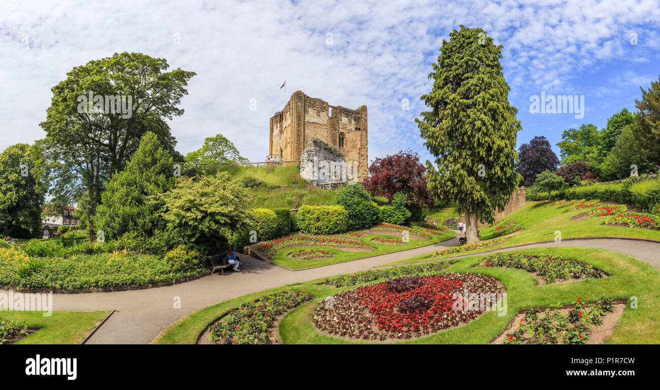 Castle keep / Great Tower of Guildford Castle ruins in central Guildford and well-tended park gardens, county town of Surrey, southeast England, UK Stock Photo