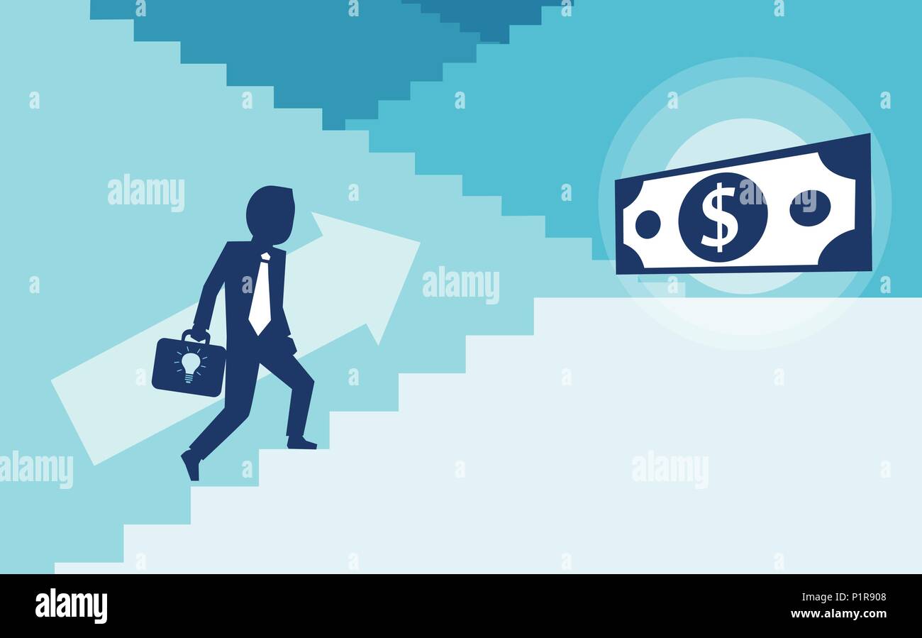 Vector illustration of businessman climbing up career stairway to get money. Stock Vector