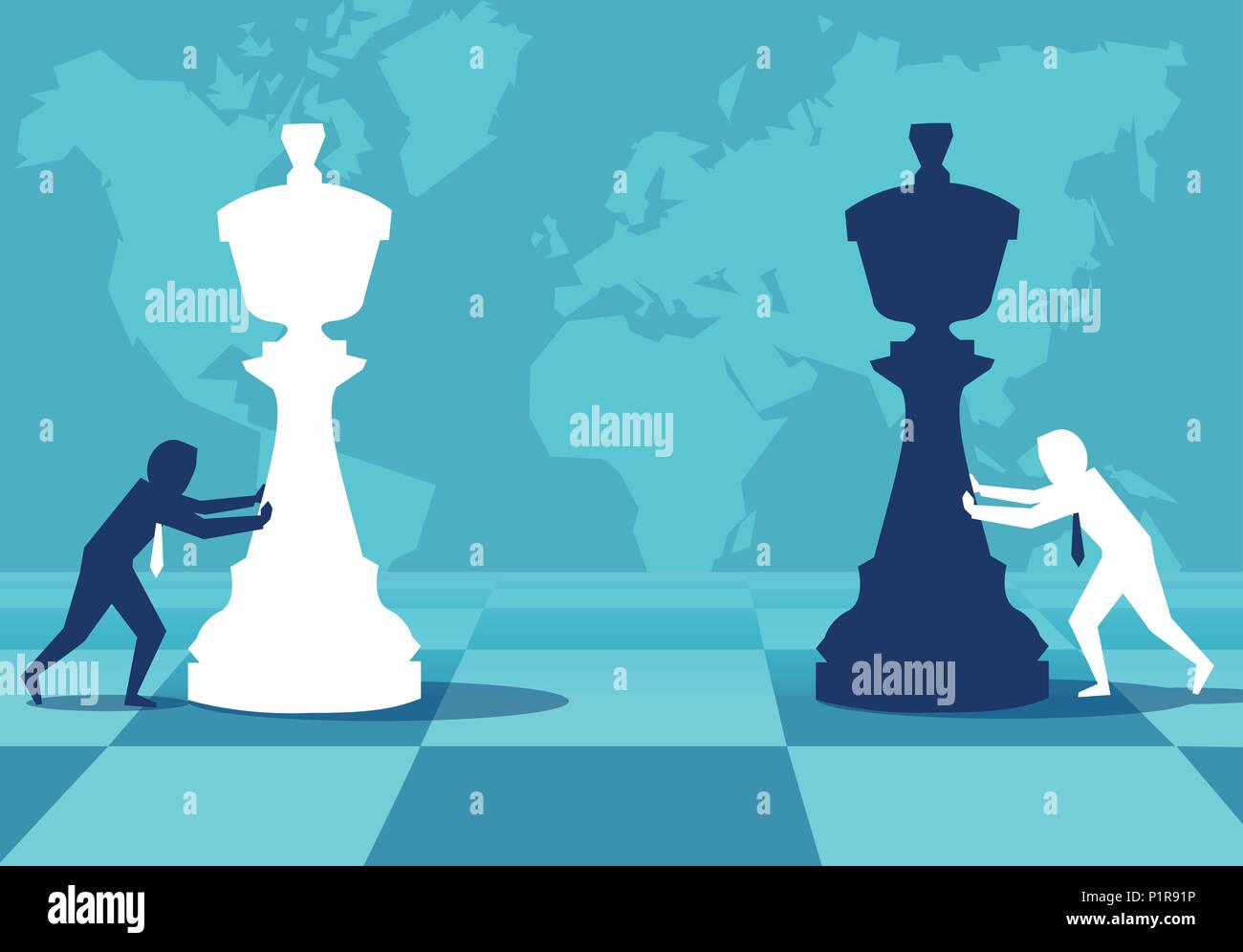 Vector concept picture of businessmen moving chess pieces on board of worldwide politics. Stock Vector