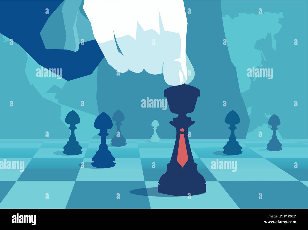 Vector concept illustration of crop hand moving chess piece on board of world politics. Stock Vector