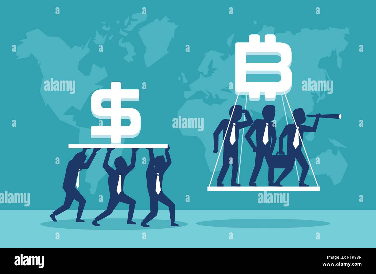 Vector concept illustration with contemporary bitcoin and dollar currency in process of market regulations. Stock Vector