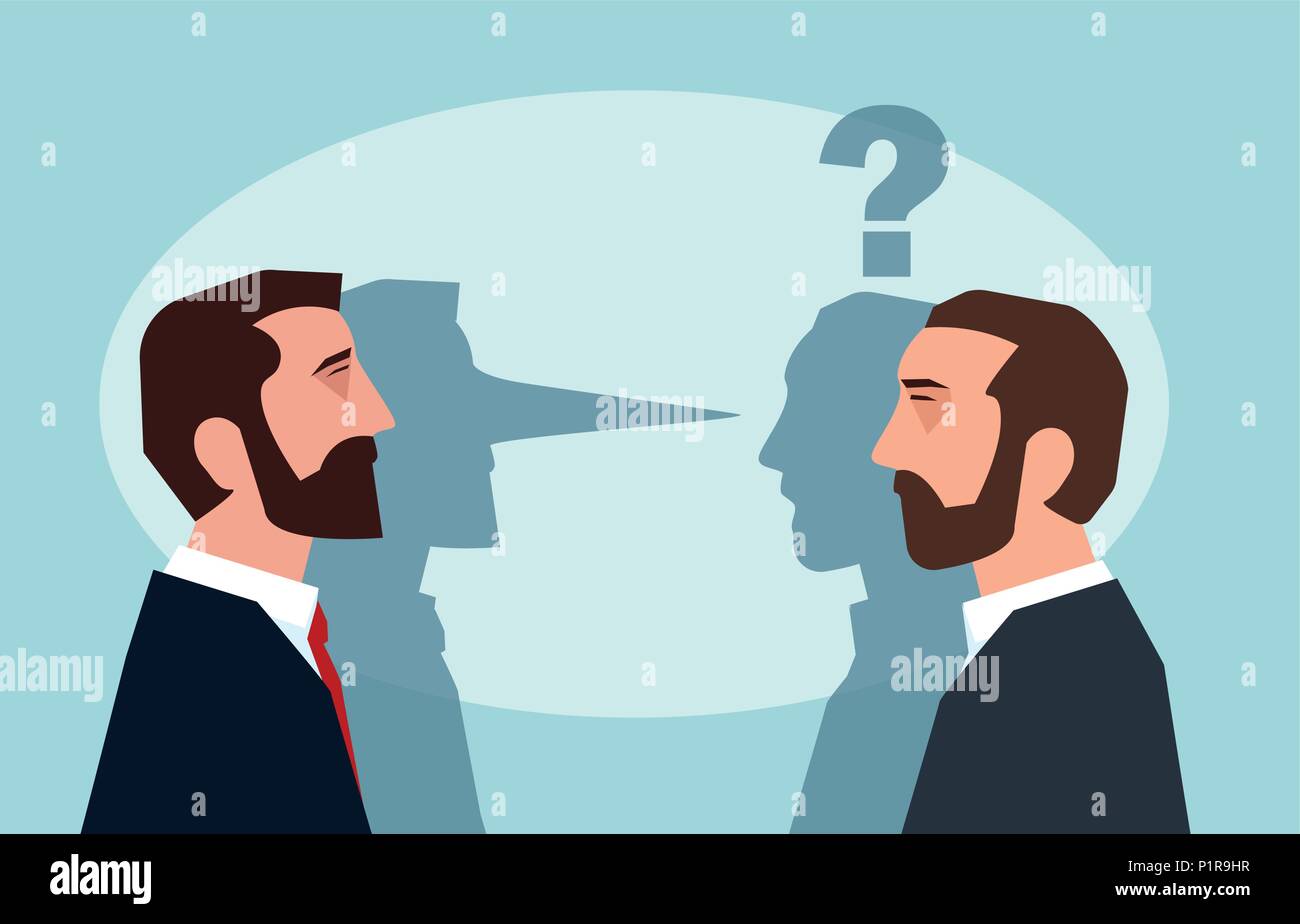 Flat style picture of businessman lying to another man leading business dishonestly. Stock Vector