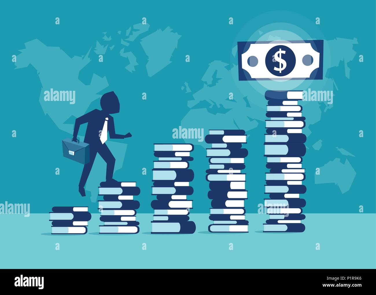 Vector picture of businessman climbing steps of books in desire to gain money. Stock Vector
