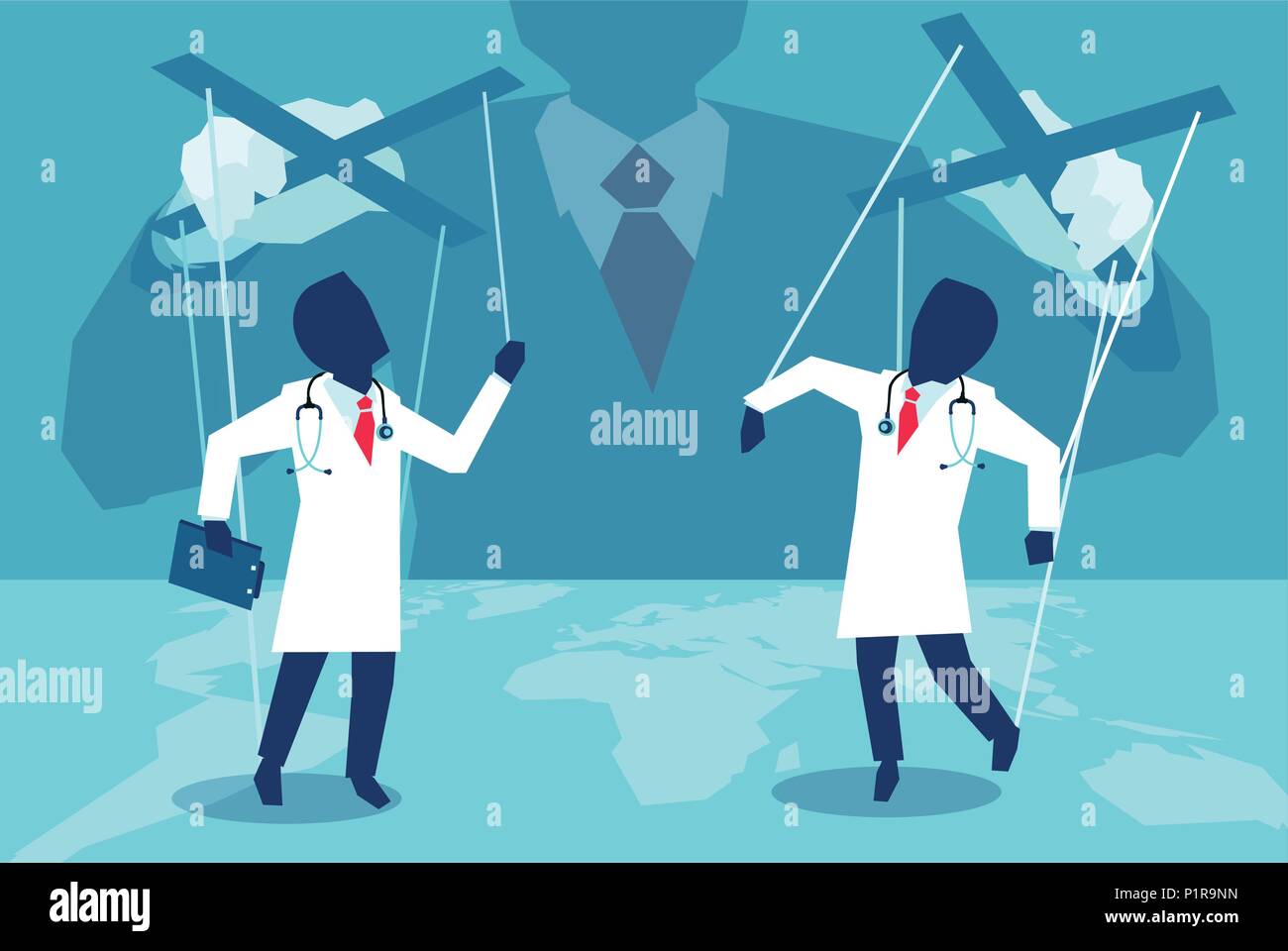 Concept vector picture of authority playing with doctors like puppets controlling medical business. Stock Vector