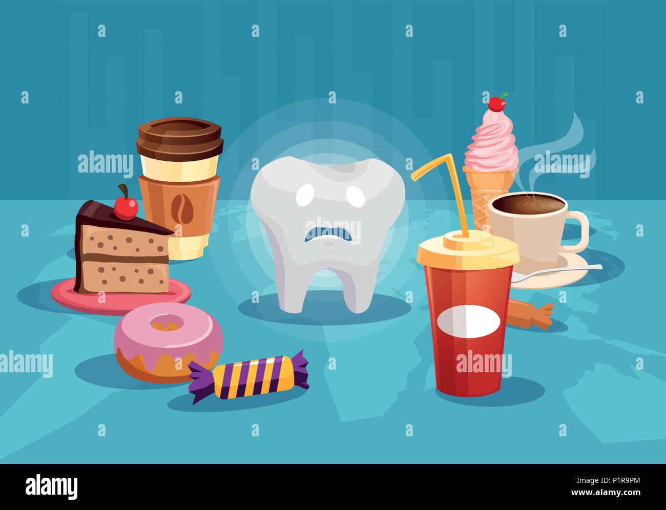Concept illustration with sad tooth among sweet and bad food having danger of cavity. Stock Vector