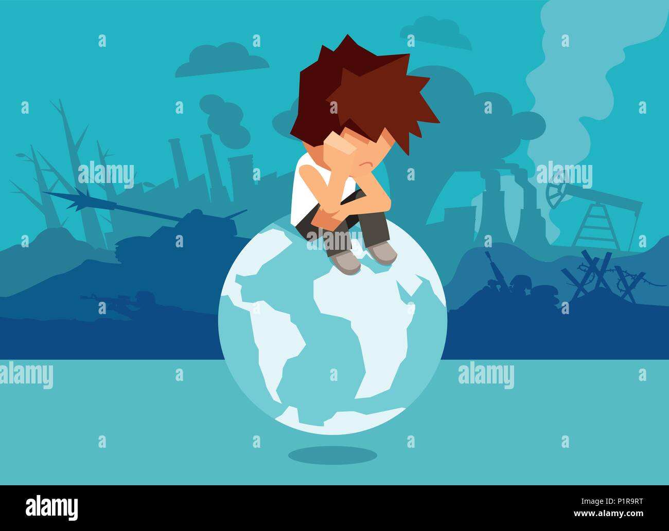 Concept illustration of unhappy abandoned boy sitting on globe and suffering from climate change and war and global problems. Stock Vector