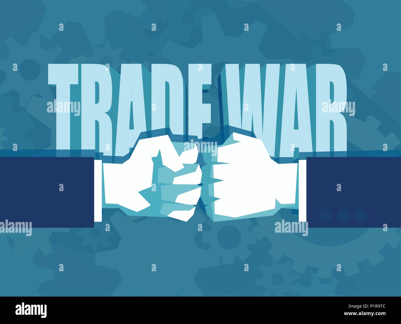 Concept illustration of hands against each other leading trade war and limiting imports. Stock Vector