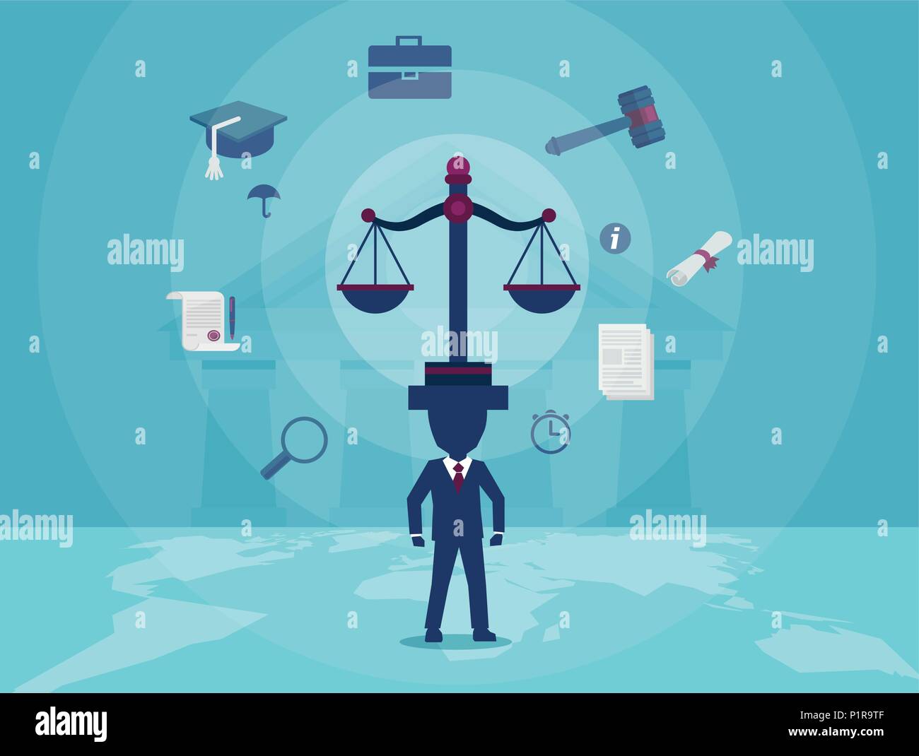 Concept vector illustration of judge with scale taking care of justice