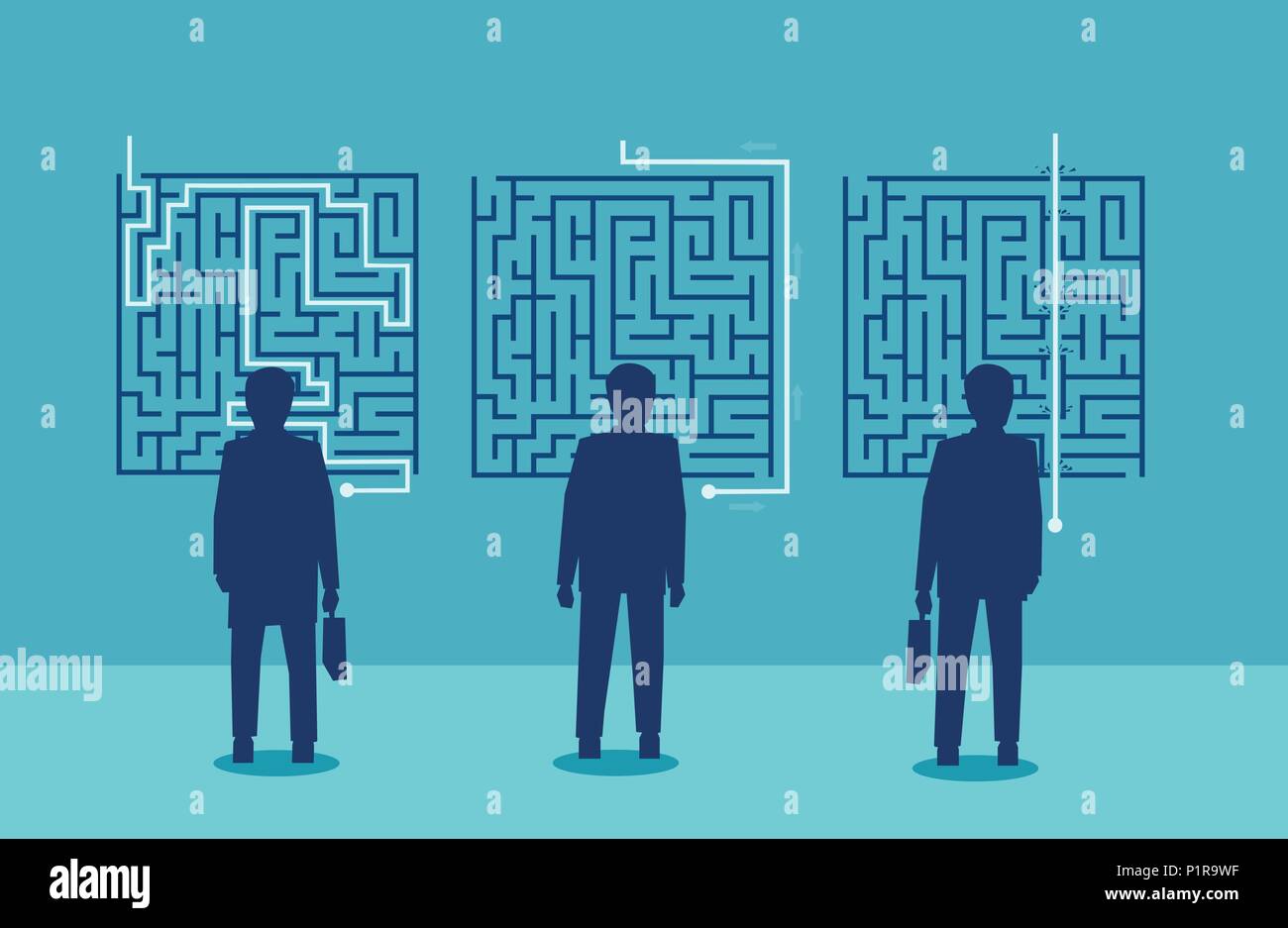 Group of businessmen have a different solution for a challenging labyrinth Stock Vector