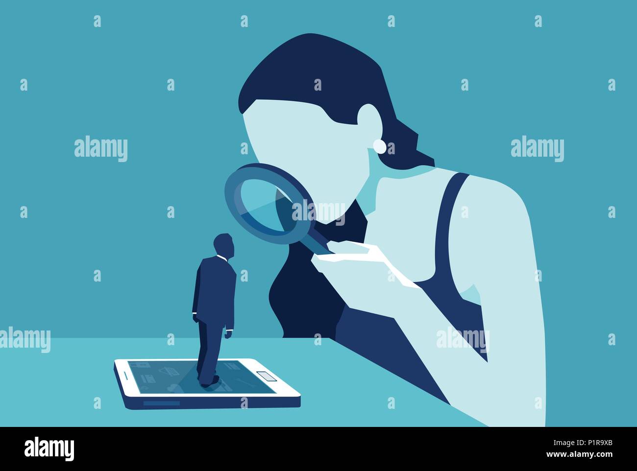 Vector of a woman with magnifying glass looking at a man standing on a modern gadget device, smartphone or tablet Stock Vector