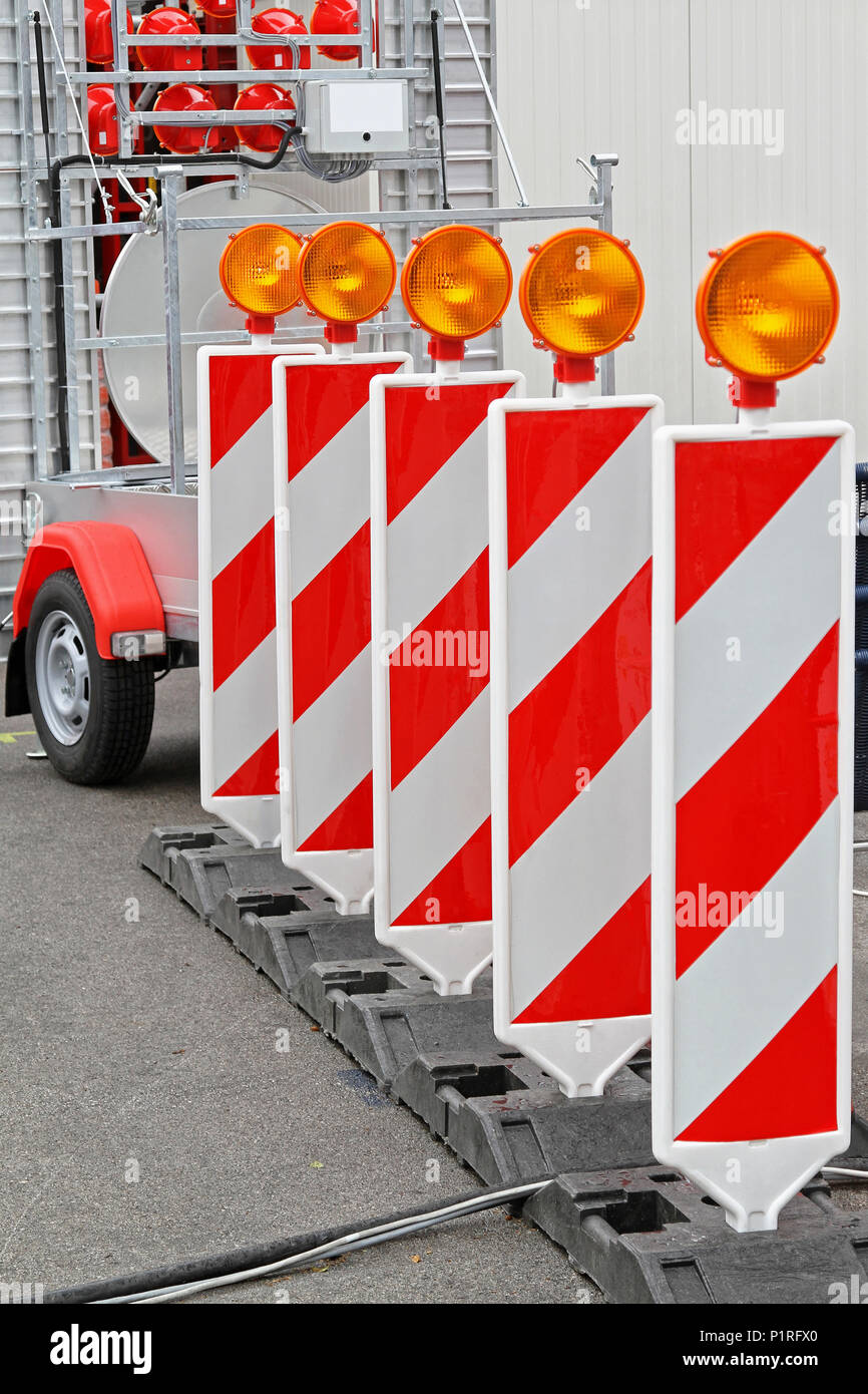 Road Works Barrier With Amber Beacon Lights Stock Photo
