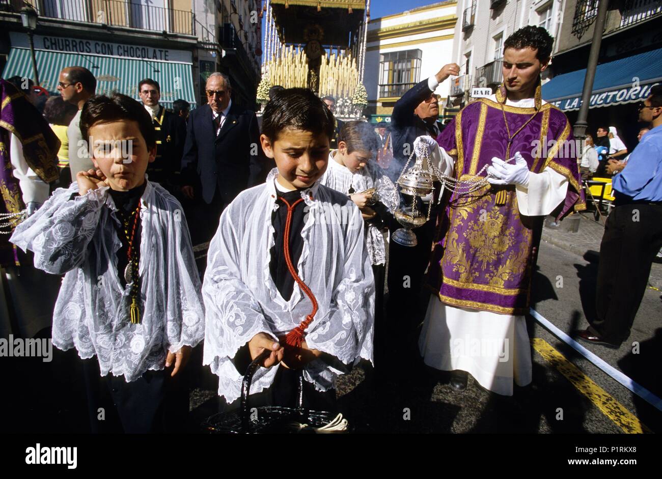 Semana Santa / Holy week (saturday); 'Los Servitas' brotherhood procession; acolytes. Stock Photo