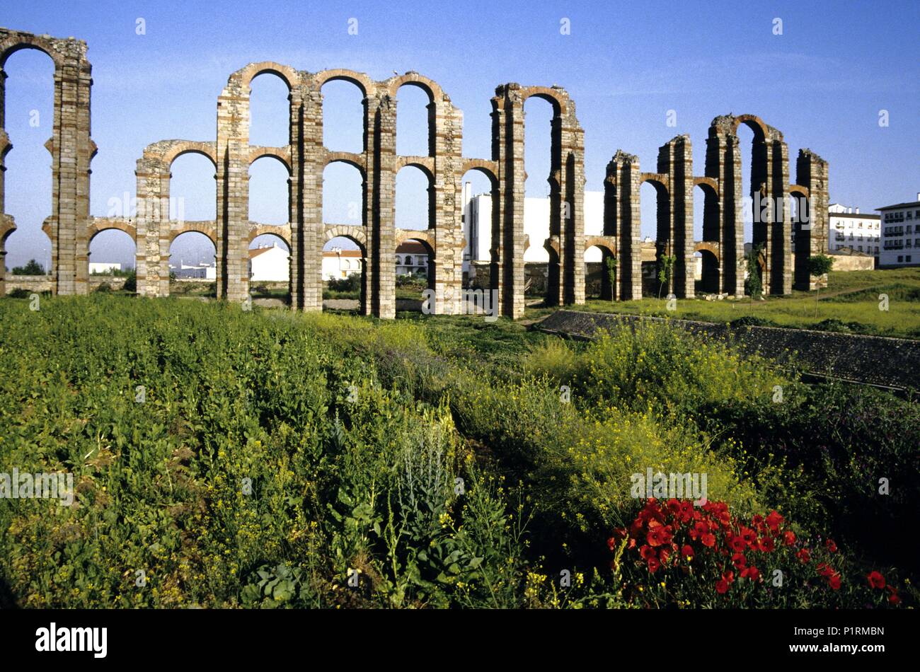 Mérida, Roman aqueduct, 'Los Milagros'. Stock Photo