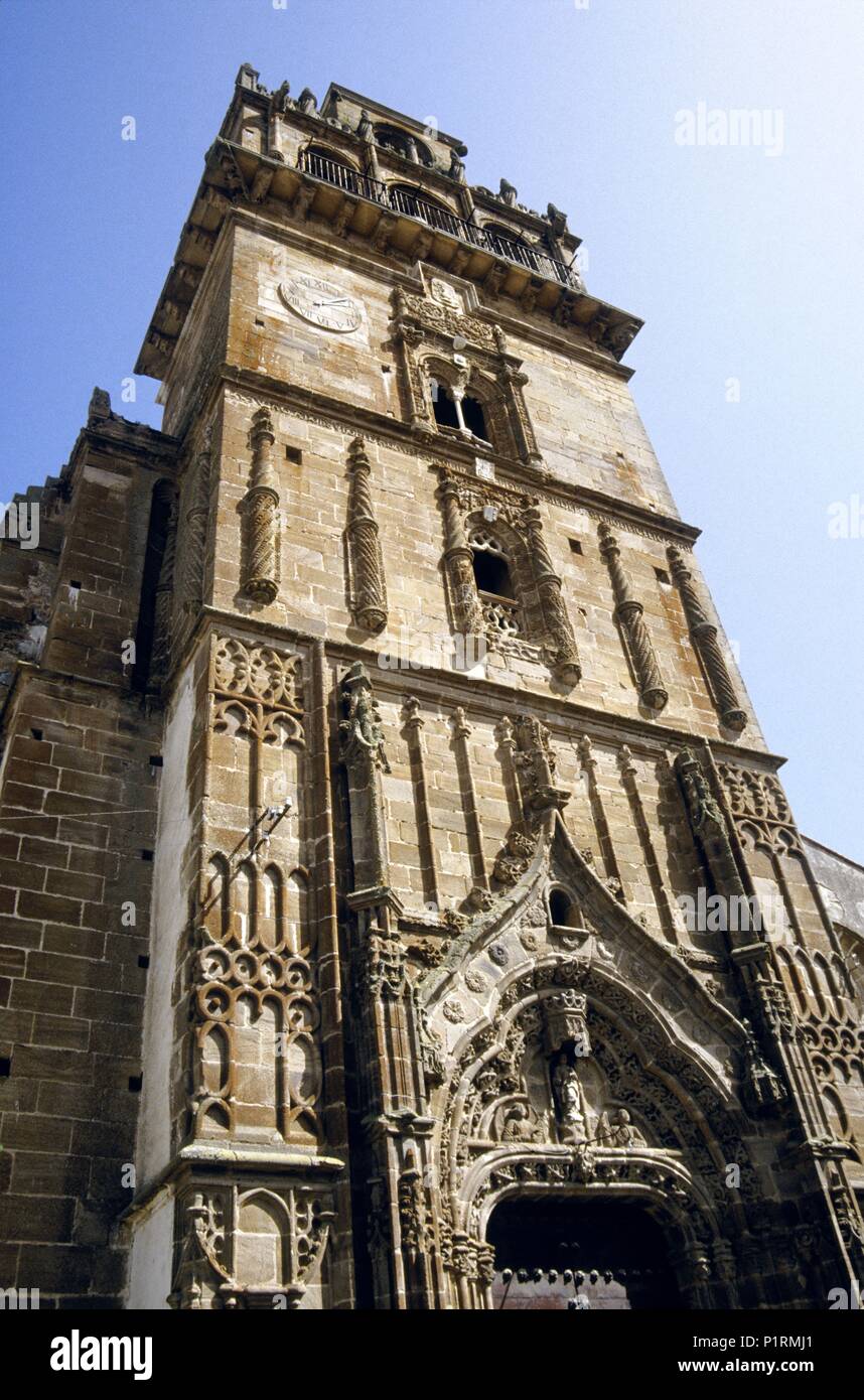 Azuaga; La Constitución church; gotic façade and belfry. Stock Photo