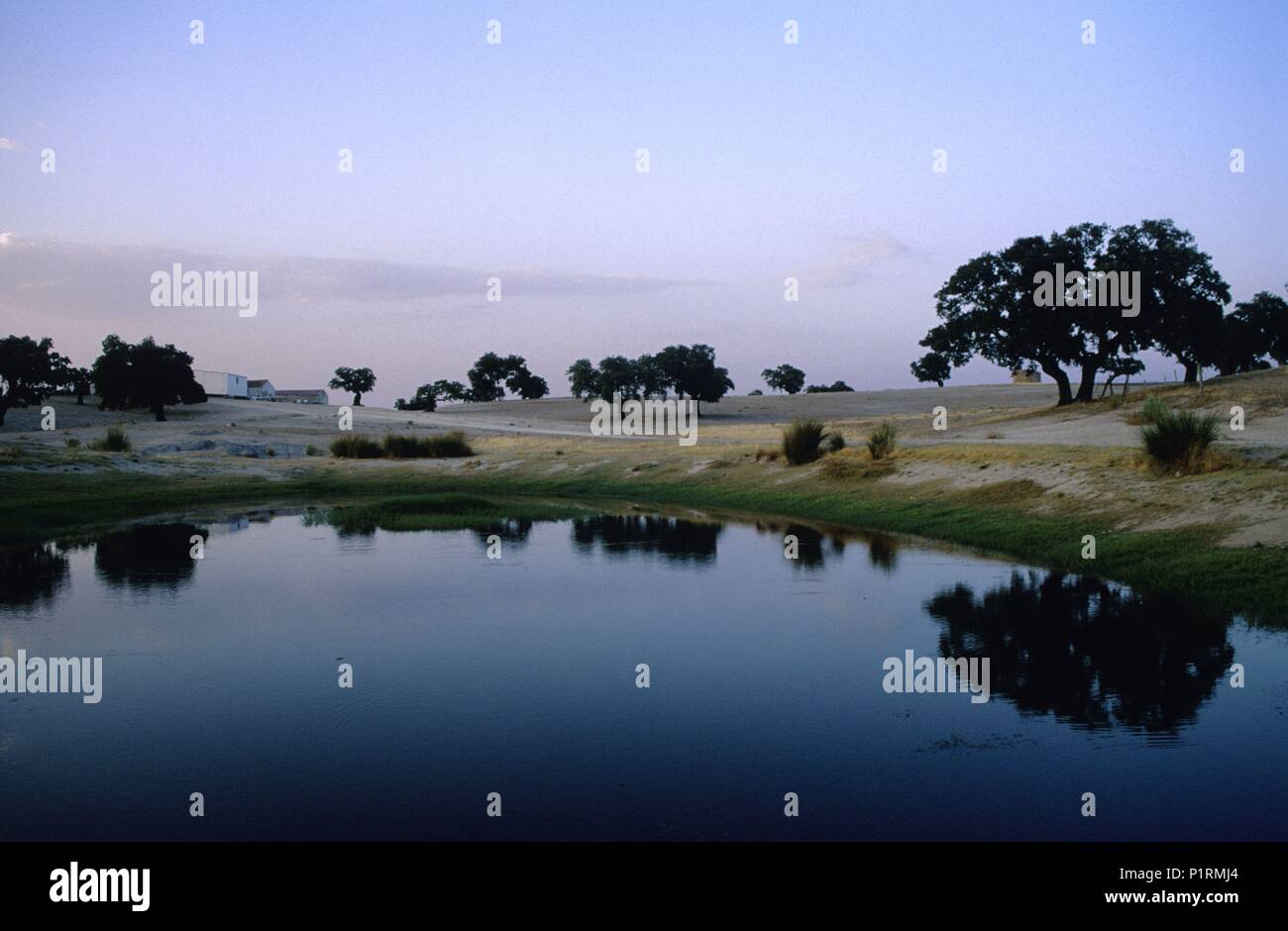 near Azuaga, lagoon and 'cortijo' (farm house). Stock Photo