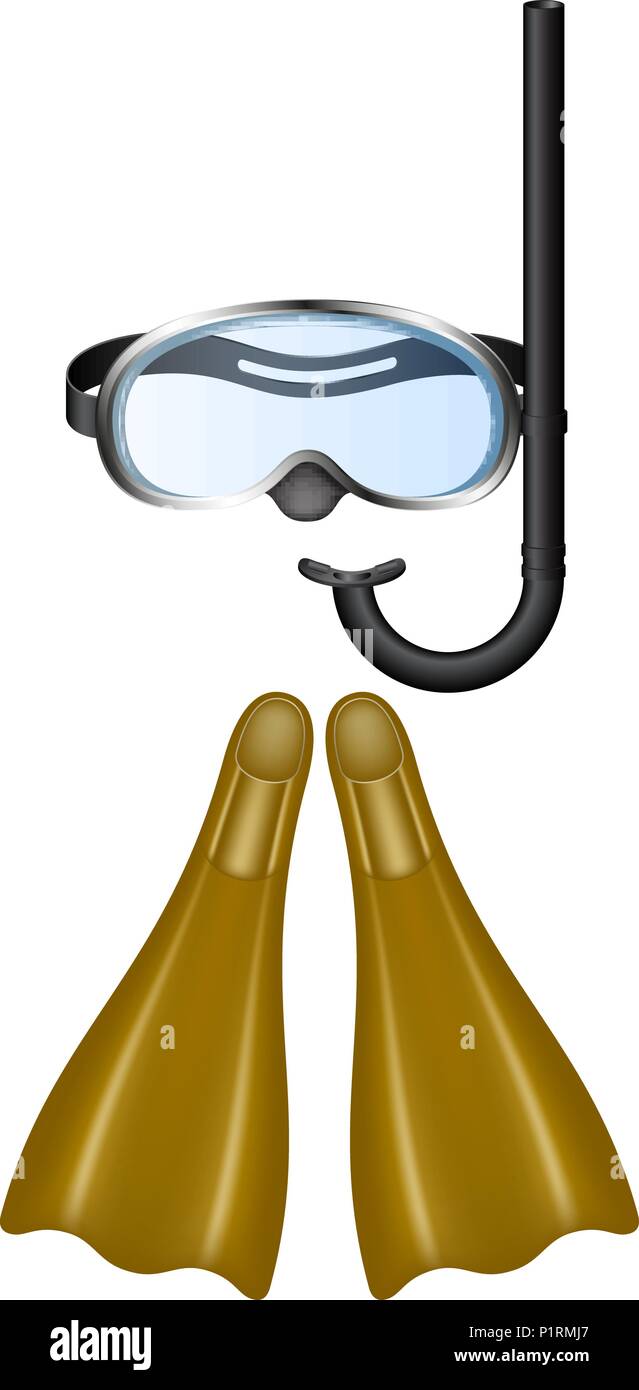 Retro diving goggles with brown flippers on white background Stock ...