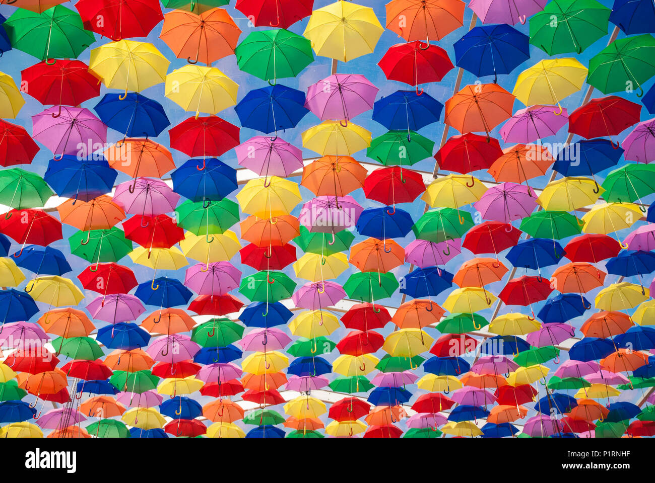 Colourful umbrellas in the street Stock Photo