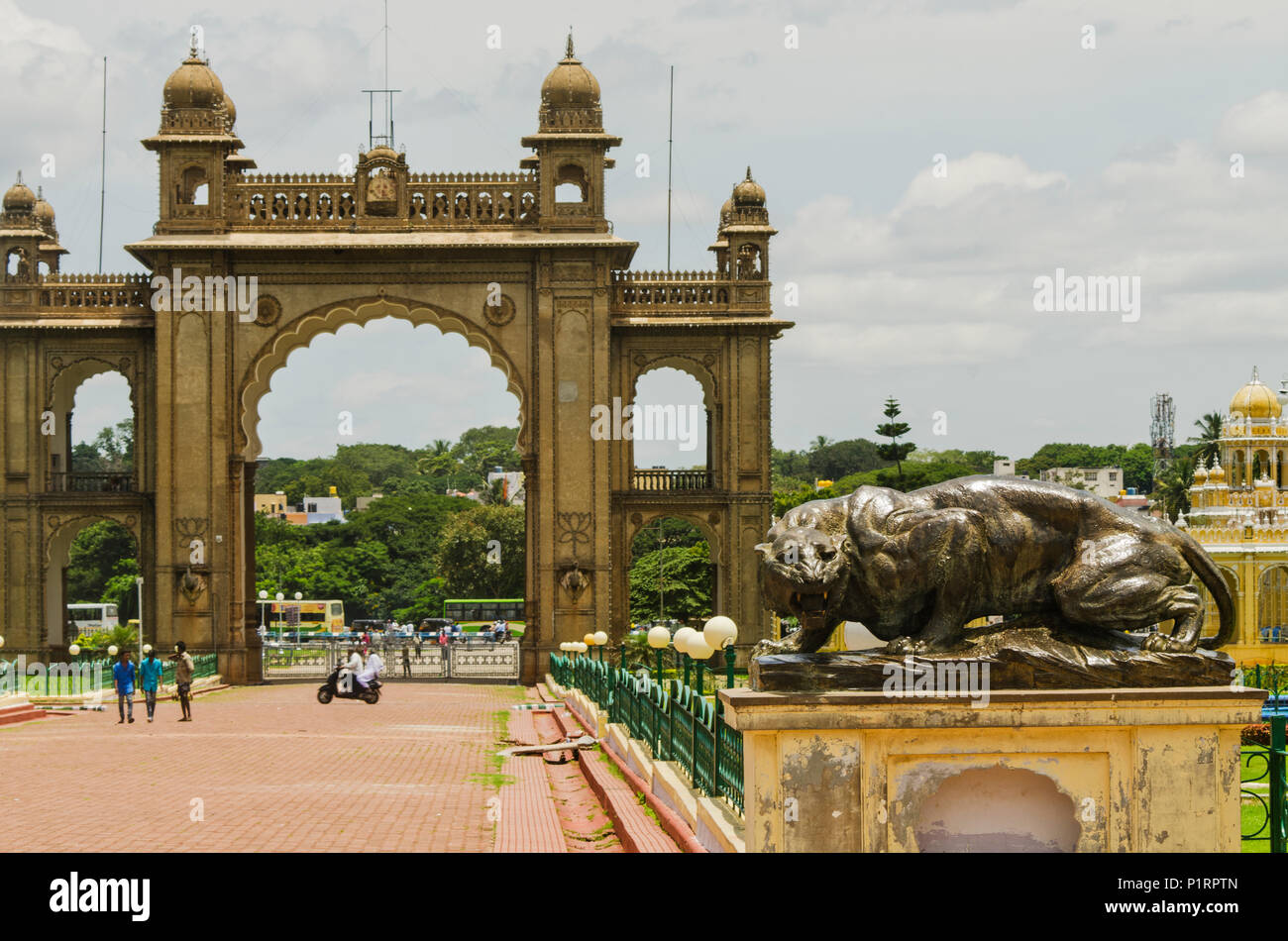 Bronze statue of tiger at Mysore Palace; Mysore, Karnataka, India Stock