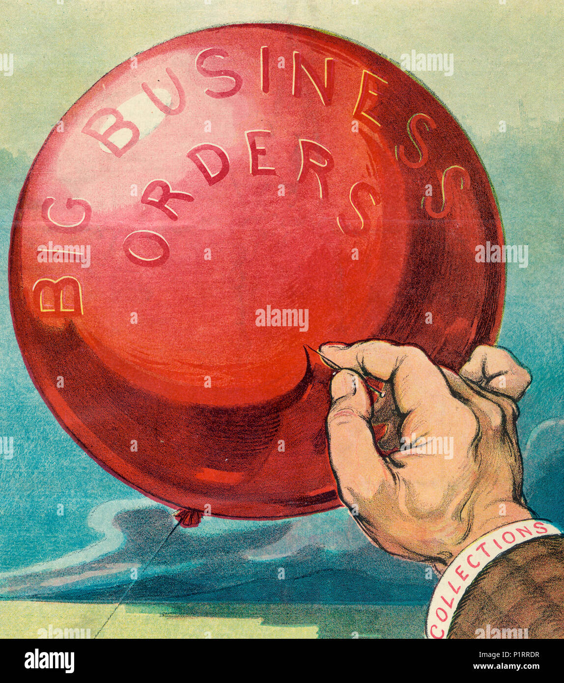 Illustration shows a hand labeled 'Collections' with a pin, about to pop a big red balloon labeled 'Big Business Orders'. Political Cartoon, circa 1907 Stock Photo