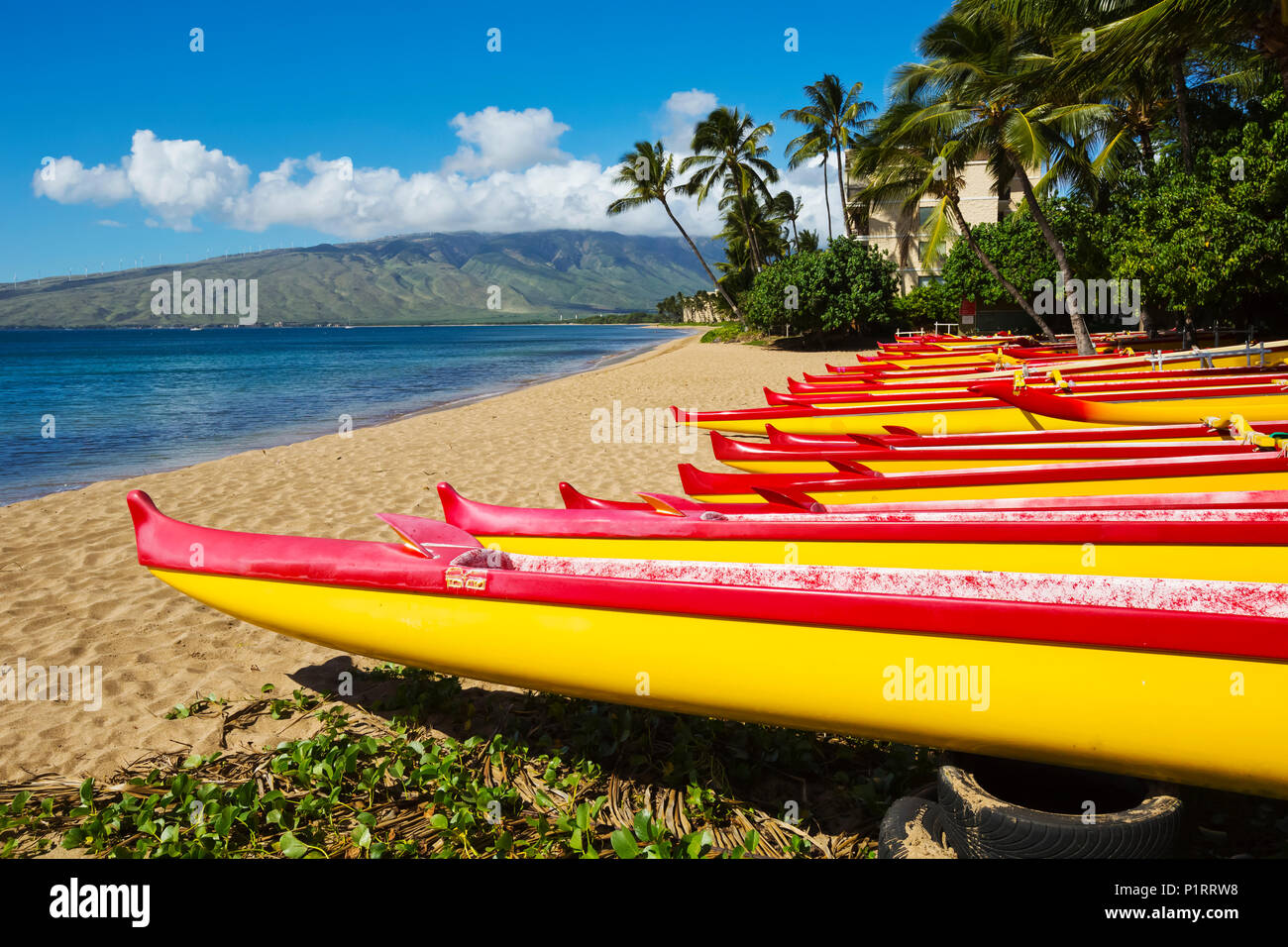 Outrigger canoes on the north end of Kihei; Kihei, Maui, Hawaii, United States of America Stock Photo