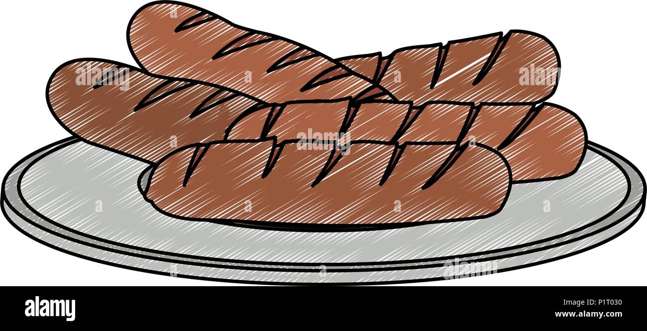 Sausages on dish scribble Stock Vector