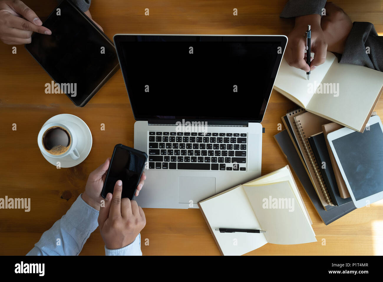 Overhead View top view man Working Desk Concept Stock Photo