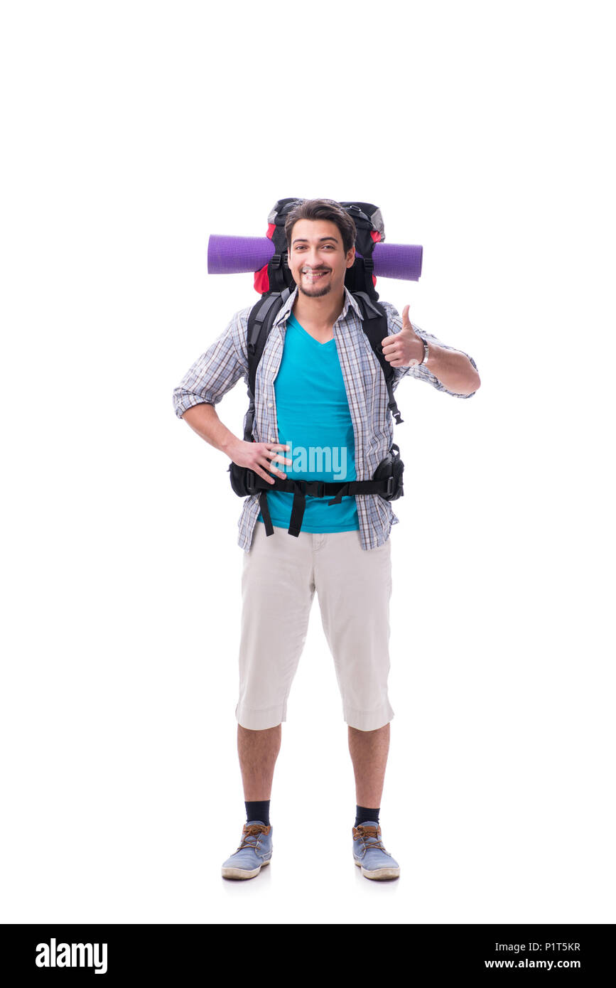 Backpacker With Large Backpack Isolated On White Stock Photo - Alamy