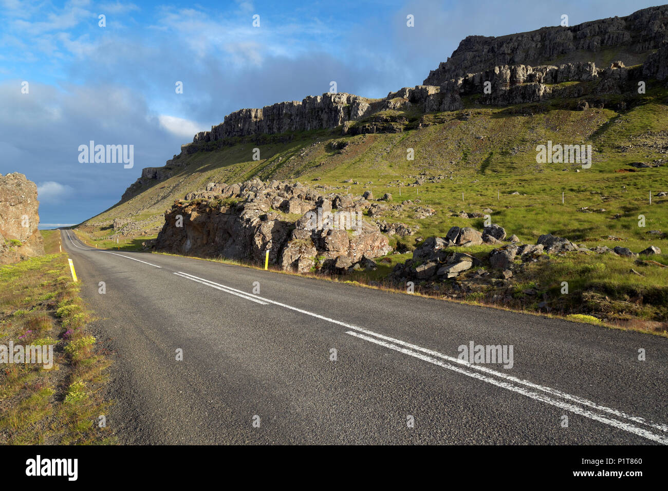 Iceland's scenic Ring Road running through mountains near Lækjavik Coastline, East Iceland, Iceland Stock Photo