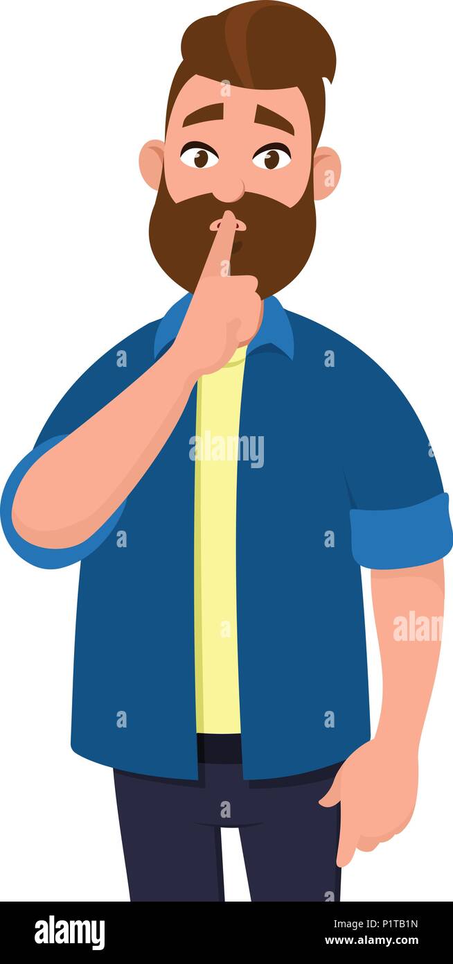 Man asking silence please. Keep quiet. Man closed  his mouth with finger. Shut up! Stock Vector
