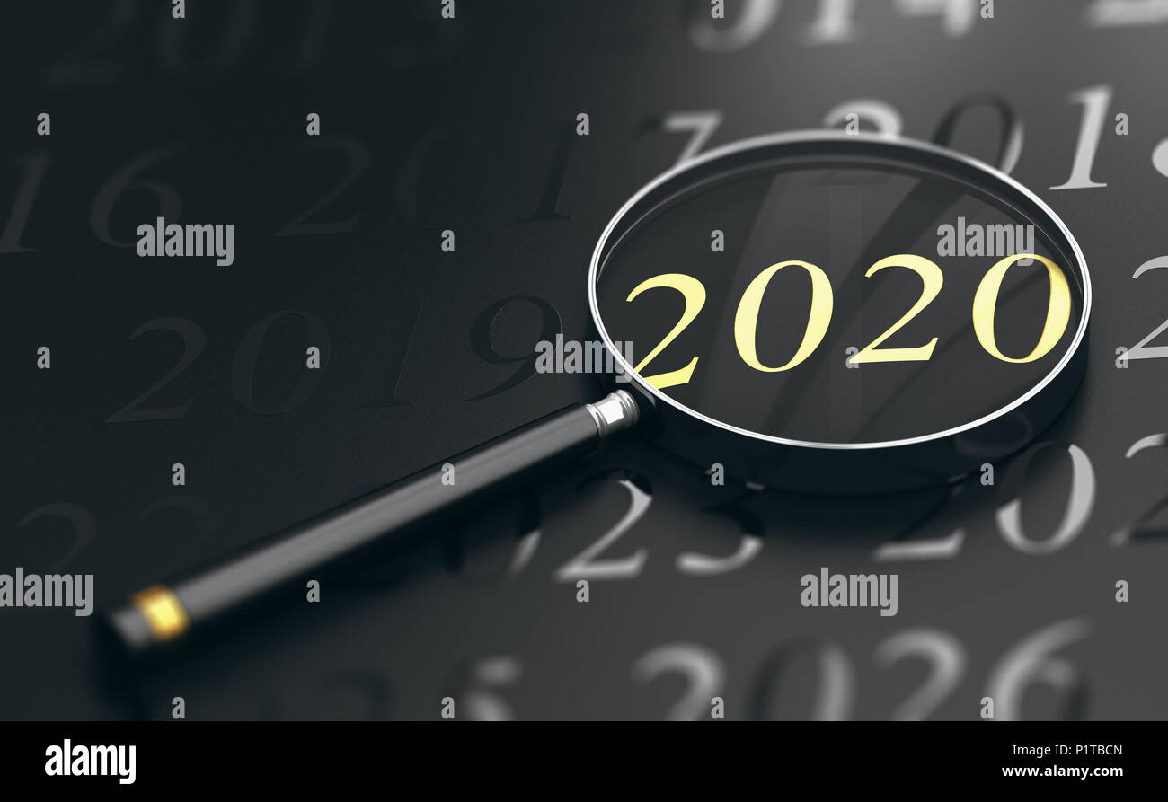 3D illustration of year 2020 written in golden letters and a magnifying glass over black background Stock Photo