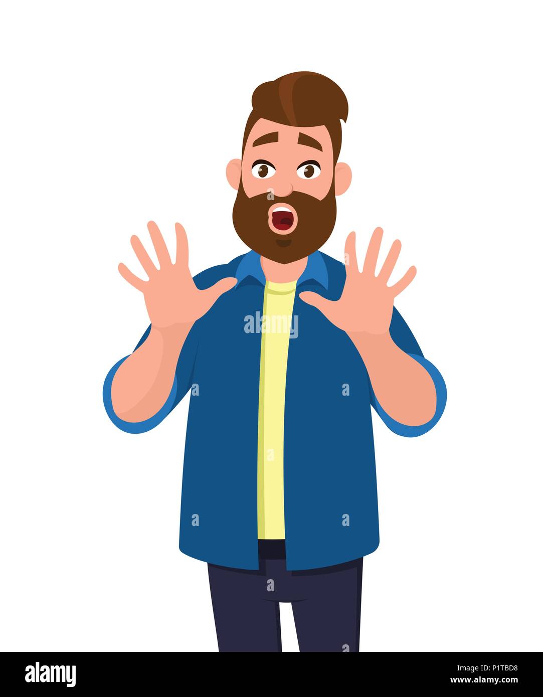 Man with scared expression on his face making frightened gesture with his palms as if trying to defend himself from someone. Young man making a scared. Stock Vector