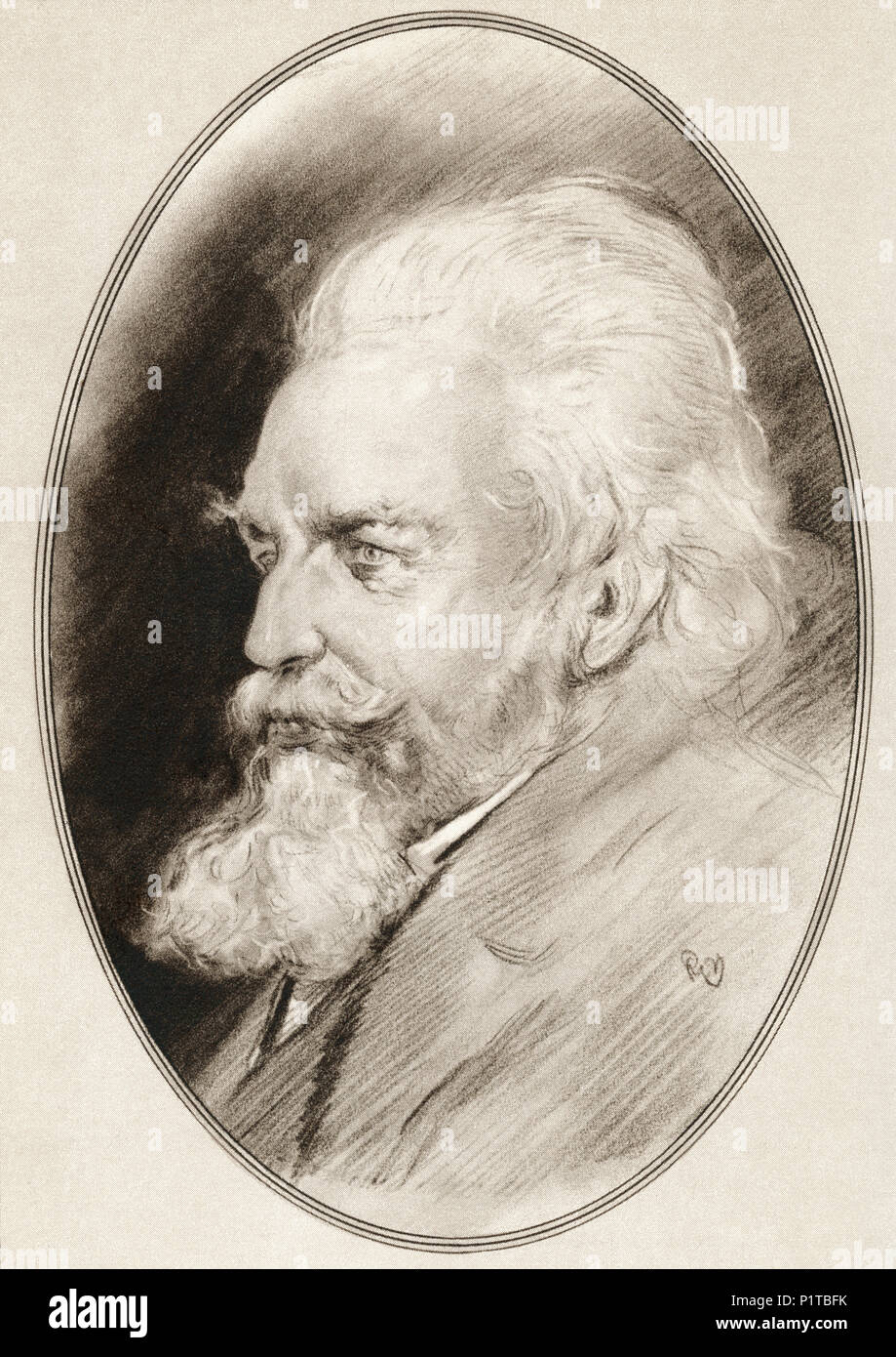 Ernst Heinrich Philipp August Haeckel, 1834 – 1919. German biologist, naturalist, philosopher, physician, professor, marine biologist, and artist.  Illustration by Gordon Ross, American artist and illustrator (1873-1946), from Living Biographies of Great Scientists. Stock Photo