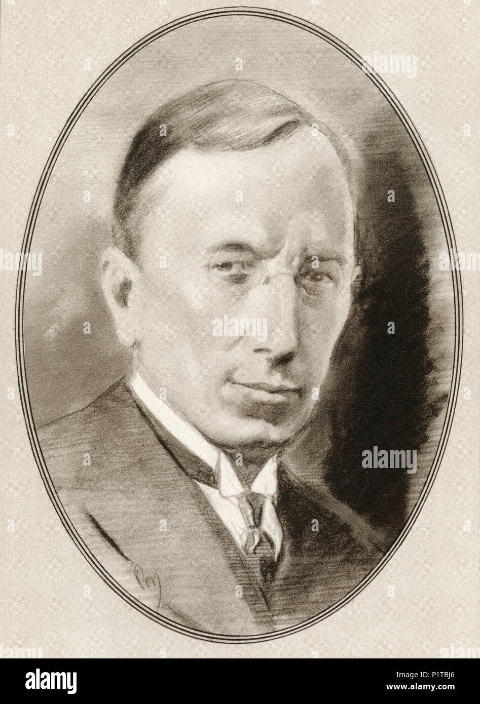 Sir Frederick Grant Banting, 1891 – 1941. Canadian medical scientist, physician, painter, and Nobel laureate noted as the co-discoverer of insulin.  Illustration by Gordon Ross, American artist and illustrator (1873-1946), from Living Biographies of Great Scientists. Stock Photo