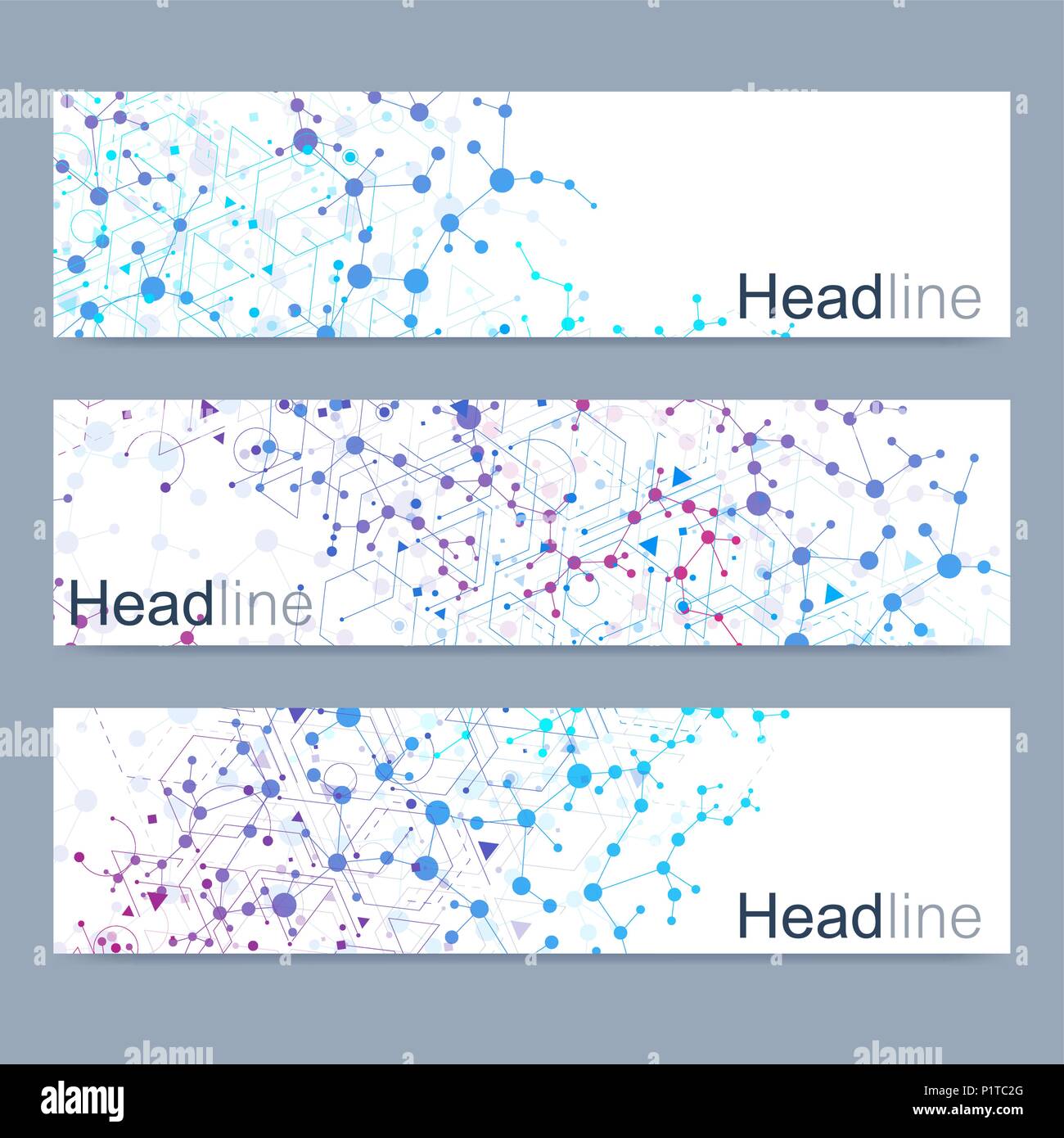 Scientific set of modern vector banners. DNA molecule structure with ...