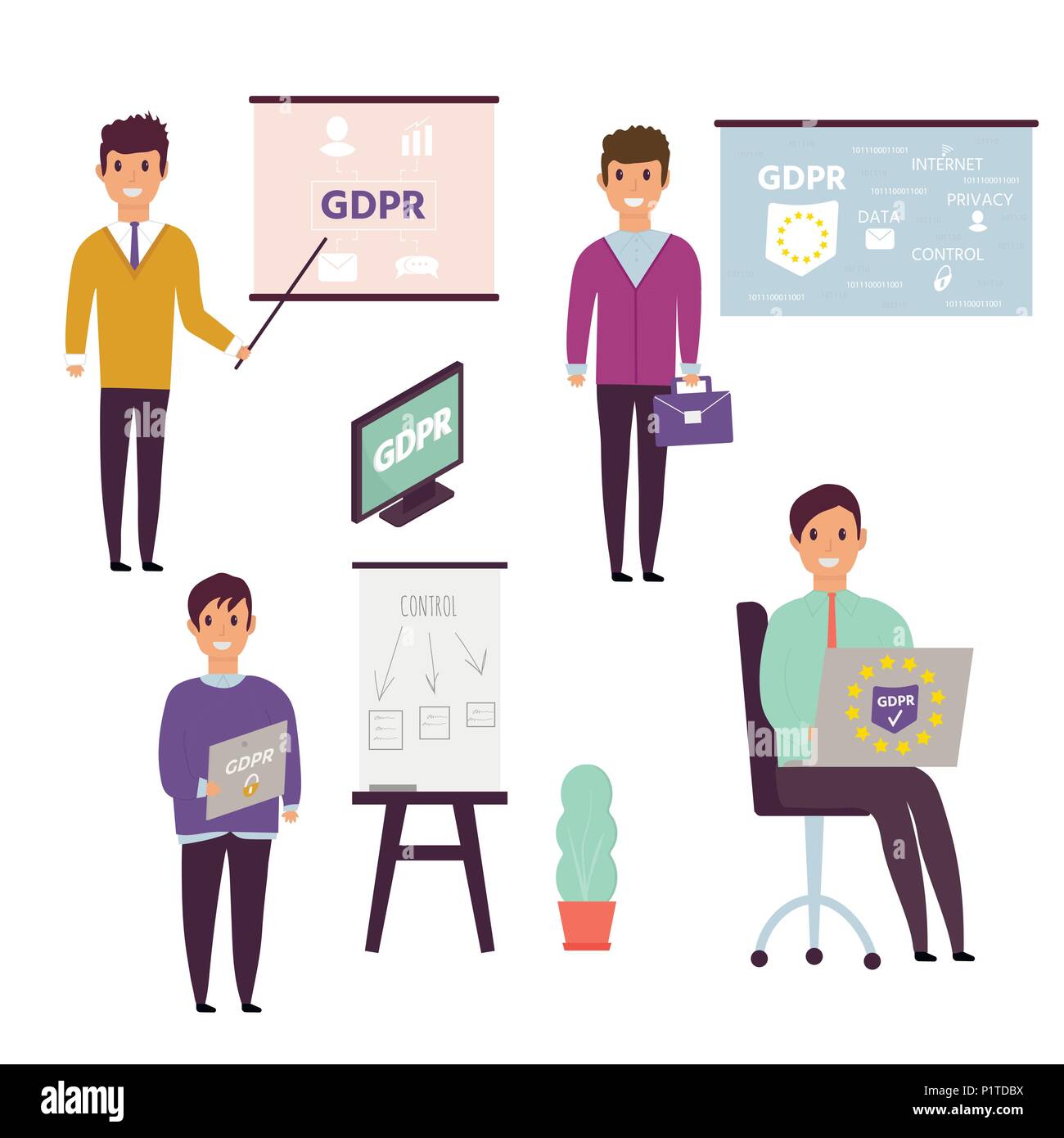 European General Data Protection Regulation. GDPR concept with character. General rules and ideas of protection and control personal data. Vector illu Stock Vector