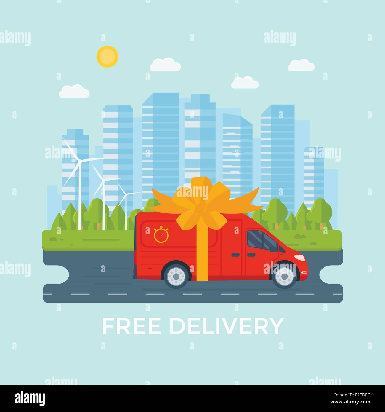 Flat style vector illustration free delivery service concept. Truck with box container,store,  shop shipping with sity background. Vector flat concept Stock Vector