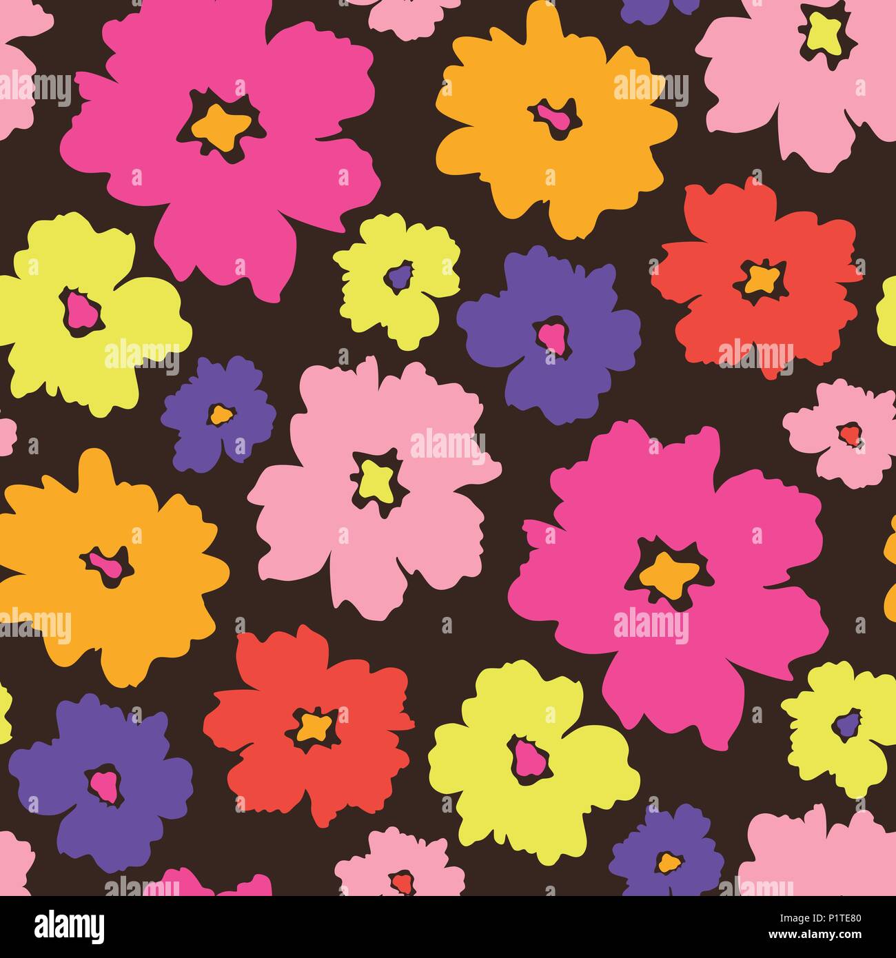 Colourful large scale stylized flowers on brown background. Bold hand drawn minimal summer florals. Petal power trend. Vector floral seamless pattern. Stock Vector