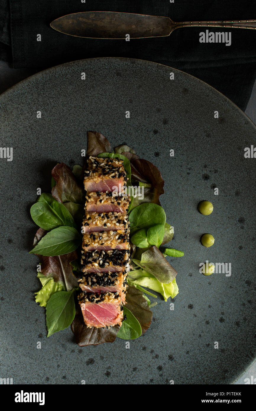 Grilled Fresh Tuna Steak with Salad and Wasabi Sauce Stock Photo