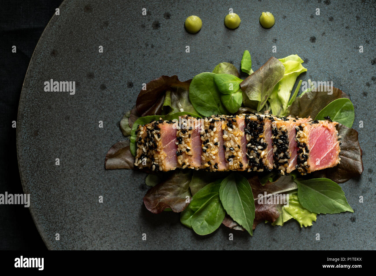Grilled Fresh Tuna Steak with Salad and Wasabi Sauce Stock Photo Alamy