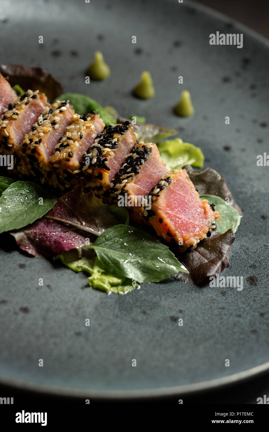 Grilled Fresh Tuna Steak with Salad and Wasabi Sauce Stock Photo Alamy